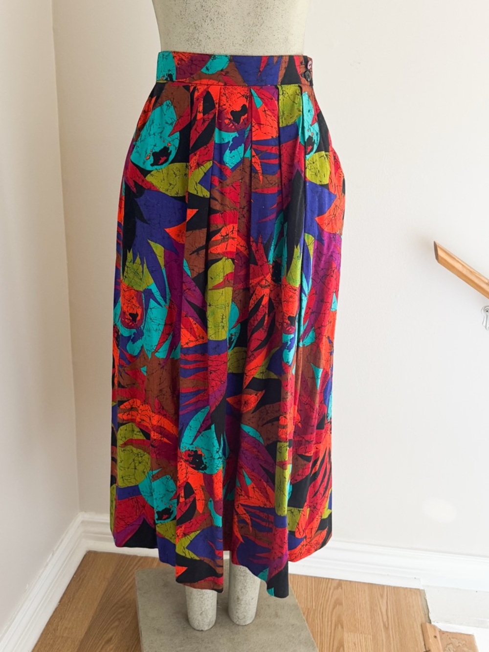Vintage 1990s Multicolor Abstract Print Midi Skirt Geometric Pockets 90s Office